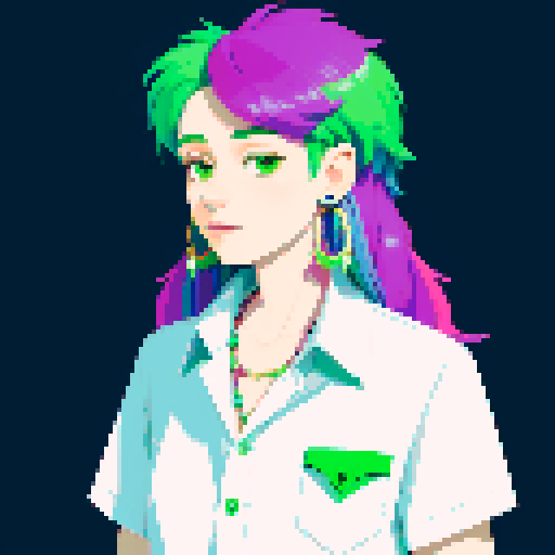 Portrait of a non binary person with long purple and green hair, feather earrings on one ear, and a tropical buttoned down shirt 