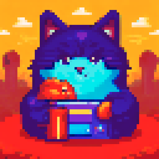 cute pixelated cat, vibrant colors, playful expression, big round eyes, animated whiskers, tiny paws, detailed fur texture, lively background, retro video game aesthetic, sRGB, pixel art