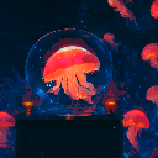 Jellyfish glowing with ethereal light, floating gracefully amidst a vibrant underwater kingdom, adorned with intricate, iridescent armor, surrounded by mesmerizing spells and magical creatures