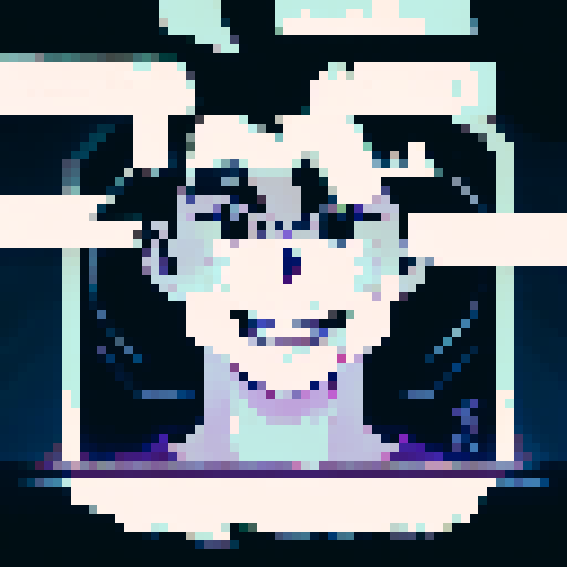 Half his face is illuminated by neon lights, the other half by a dimly lit streetlamp His hair is slicked back, revealing a barcode tattoo on his neck His eyes are piercing and his lips are wrapped around a cigarette, the smoke swirling around him in pixelated swirls