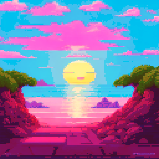 sunset by the beach, sitting on the sand, looking at the horizon, cute colors pink 