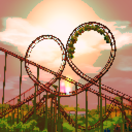 Amusement park, vibrant roller coasters, whimsical carousels, towering ferris wheels, sRGB colors, pixel art

