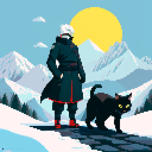 Hatake Kakashi with a black cat with yellow eyes on his shoulders in between towering, snowy mountains