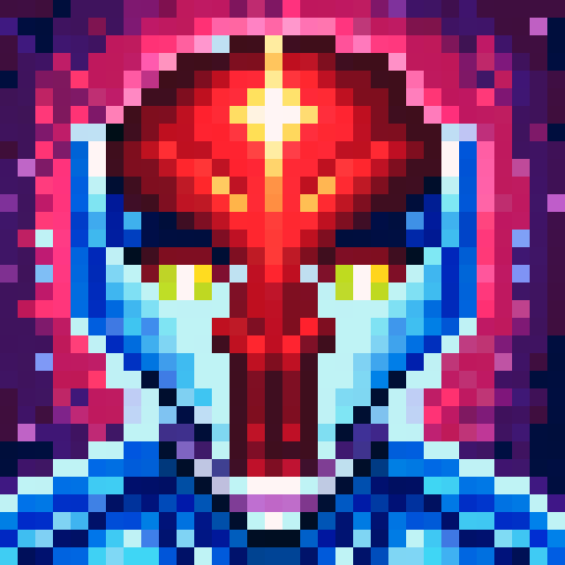 Blue and silver humanoid robot with a red visor, its skeletal form emphasized through skillful 32x32 pixel art in a close-up portrait style reminiscent of a game icon.