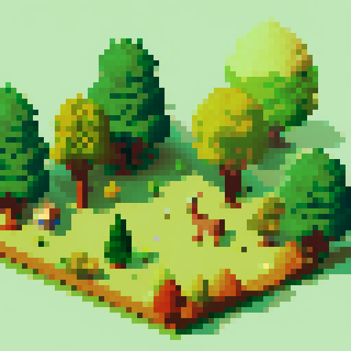 Well separated Evergreen and deciduous tree sprites intertwined in a luscious forest, with vibrant green leaves and warm autumn hues, all depicted in charming pixel art