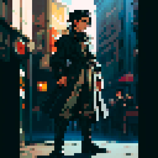 black patchy trench coat, thick boots, long black hair, satchel, male, sRGB, pixel art