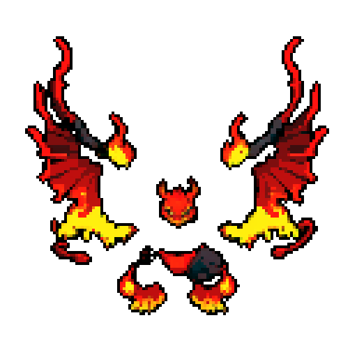 A larger, more formidable fire demon with intense flames engulfing its body, large wings, and glowing yellow eyes. It radiates heat and has a fierce, intimidating expression. No background.
