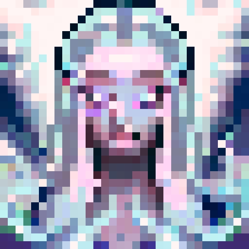 Beautiful ethereal angel with chrome wings, flowing hair, and a serene expression, floating in a dreamlike landscape of pastel clouds and shimmering stars, rendered in pixel art with crisp, defined lines and a vibrant sRGB color palette