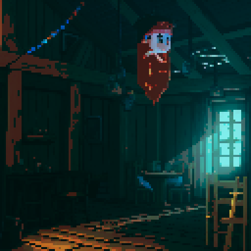 Cozy inn with dim lights and band of heroes sitting next to the table, pixel art 