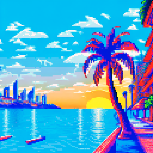 Monaco skyline at sunset, towering palm trees, sparkling ocean, grandstands filled with spectators cheering on their favorite racer, all depicted in retro pixel art style with a muted sRGB color palette