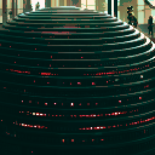 Android, sleek and futuristic, with glowing blue eyes and metallic limbs, standing in a bustling cityscape filled with neon lights and towering skyscrapers, against a backdrop of pixelated art