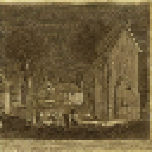 landscape with wood and stone buildings, people crafting and fighting monsters