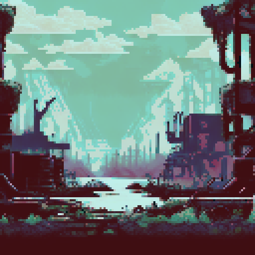 post-apocalyptic factory, hidden in the woods, abandoned machinery, rusted pipes, overgrown vines, decaying buildings, shattered windows, eerie silence, nature reclaiming, vibrant pixelated colors, sRGB palette, atmospheric landscape