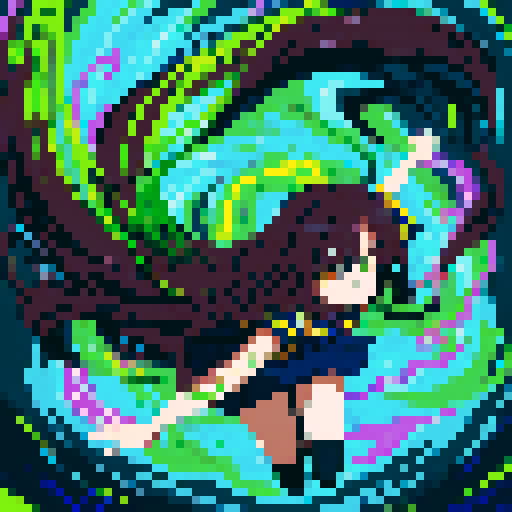 anime girl with long, glowing eyes, flowing hair, dark colors, hovering above the ground in a revealing school uniform, with a 16 bit style that pops against the sRGB color palette
