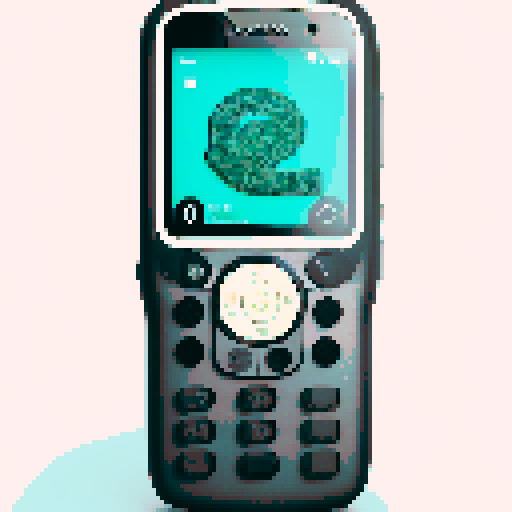 Retro Nokia 3310, with chunky buttons, monochrome screen, and curved edges, surrounded by colorful pixelated icons of text messages, calls, games, and snake