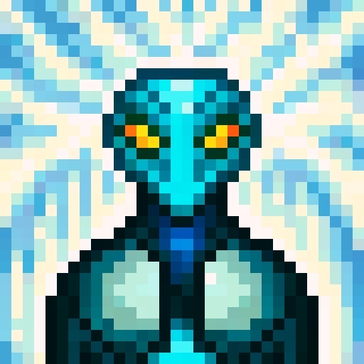 Alien creature with distinctive appearance, advanced civilization features, wielding futuristic laser beam weapon emitting vibrant energy beam, in a dramatic otherworldly landscape with strange plants, unusual terrain, multiple moons, portrayed in game icon style, 32x32 pixel art, sRGB, skill art, close up portrait