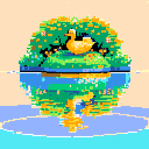 yellow duck in a pond, surrounded by lush greenery and reflecting sunlight in a serene pond with shimmering ripples and pixelated waves, creating a tranquil atmosphere in a picturesque landscape with vibrant colors using intricate pixel art in the sRGB palette