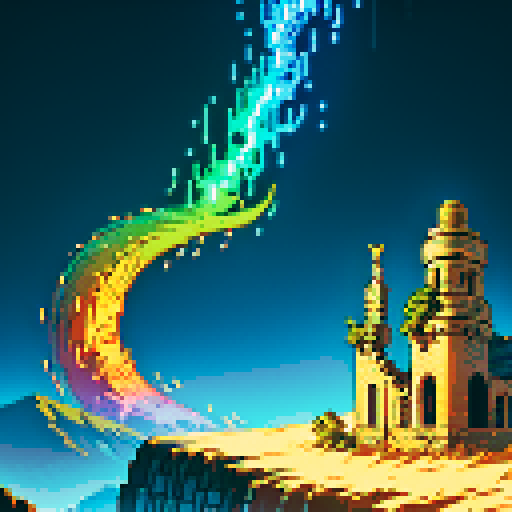 ancient scrolls, weathered and faded, illuminated with vibrant hues, depicting mythical creatures and celestial landscapes, rendered in intricate pixel art