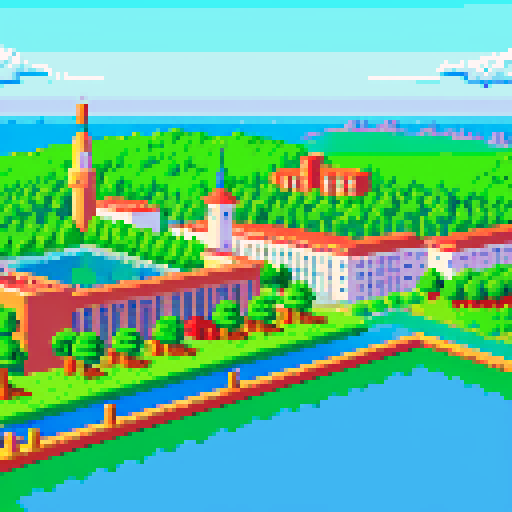 high school towering overlooking a bay, morning, forest, river, 