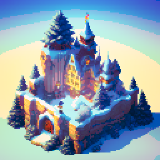 top down view, large snow castle, light shadows, pixel art, no background, for pokemon like game