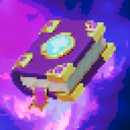 A mystical tome bound in deep violet, its ornate golden corners adorned with gleaming pink gemstones. A luminous blue crystal rests at its heart, radiating arcane energy, while a satin ribbon bookmark peeks from its enchanted pages. Rendered in a vibrant, fantasy-inspired digital painting, floating against a cosmic nebula, captured in a mesmerizing close-up portrait.