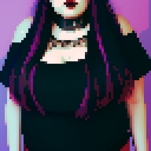 plus size busty goth girl, long purple hair, eyeliner, red lipstick, halter top, spiked collar, up close face portrait, vibrant sRGB colors, pixel art