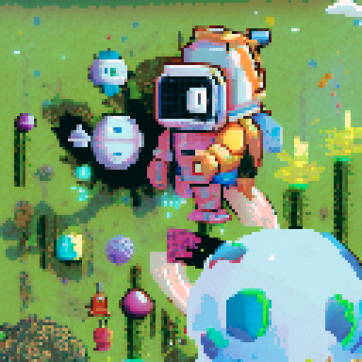 Create a pixel art comic scene featuring a heroic astronaut fighting off a swarm of giant, neon-colored space bugs in the vacuum of space.