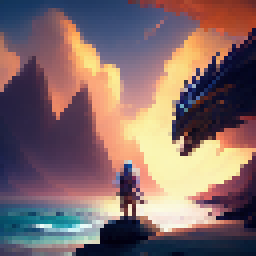 "Beach-bound boy, adorned in armor and wielding a glowing sword, gazes longingly at the shimmering sea as a majestic dragon soars overhead in the vibrant, otherworldly landscape of a fantasy RPG."