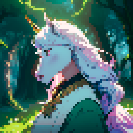 unicorn woman hybrid with cloven hooves, ethereal mane flowing, delicate golden horn, playful expression, bathed in the moons glow in a forest, clear detail, pixel art style, sRGB format