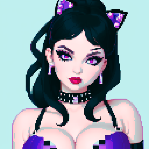 curvy, cute goth cat girl face, black hair, purple eyeshadow, red lipstick, studded leather, face portrait, glamour shot, vibrant sRGB colors, pixel art
