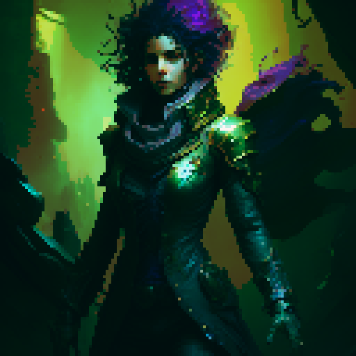 female necromancer, long dark hair, full body, action pose, swirling purple and green magic, mysterious ruins, ethereal glow, intricate staff, tight fitting flowing robes, intense gaze, dark shadows, ancient spellbook, fantasy Medieval RPG