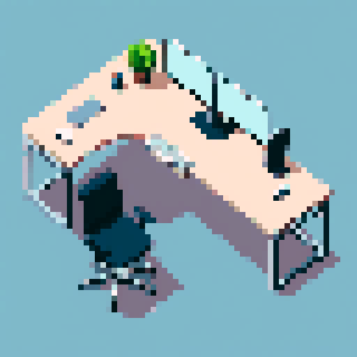 top down view, L-shaped desk, modern office, sprite, isolated