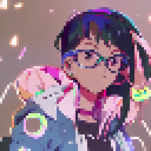 Rainbow-haired girl with oversized glasses and a flowing dress dances under a starry sky, surrounded by neon lights and futuristic cityscapes, in a vibrant anime style.