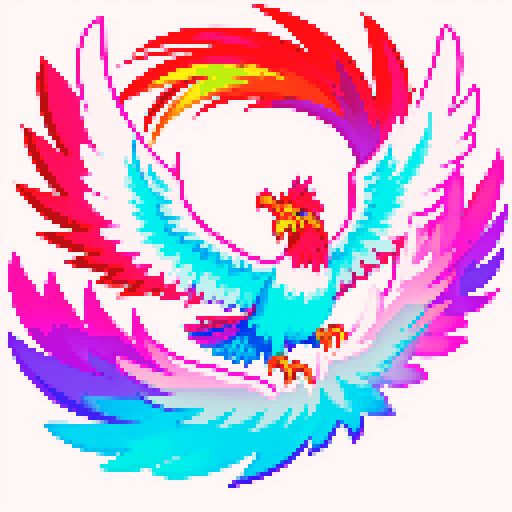 phoenix wings, vibrant colors, glowing feathers, fiery gradients, sharp pixel edges, transparent background, white. cyan and pink, sRGB