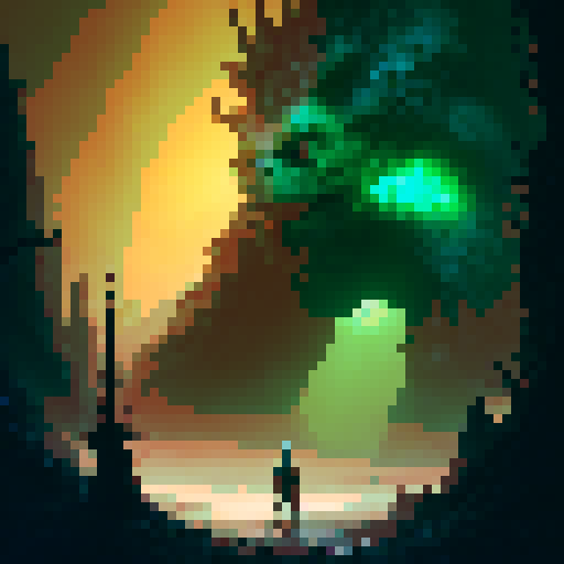  

        "Hulking, green-skinned troll with beady red eyes standing guard in front of a twisted, gnarled tree with ominous roots and branches looming over the foreground, while a dark, misty forest shrouds the background in mystery and danger, all in the style of a classic fantasy RPG"