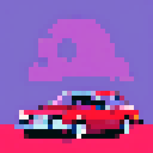 Red car, vibrant red hue, sleek and glossy finish, detailed pixel art, expressive headlight eyes gleaming in sRGB colors