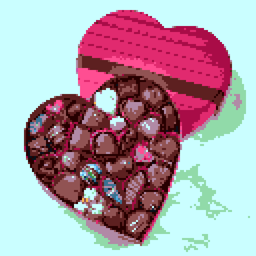 Box of Valentine's Day chocolates, specifically shaped like cupcakes with intricate details such as pink frosting and decorative toppings. Charming and romantic theme. The cupcakes within the box should exhibit a variety of delightful designs, no background, pixel art.