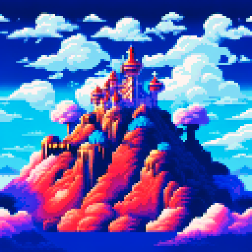 Gaming Heaven logo in pixel art with letters formed like fluffy clouds, set against a vibrant sRGB background depicting a sprawling, mountainous landscape