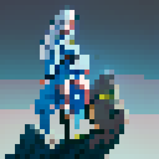 Aleya is a young adventurous girl with white hair, pale skin, tall boots and a blue tunic. She has a rock climbers build, and is shown idle against a greyish brown background
