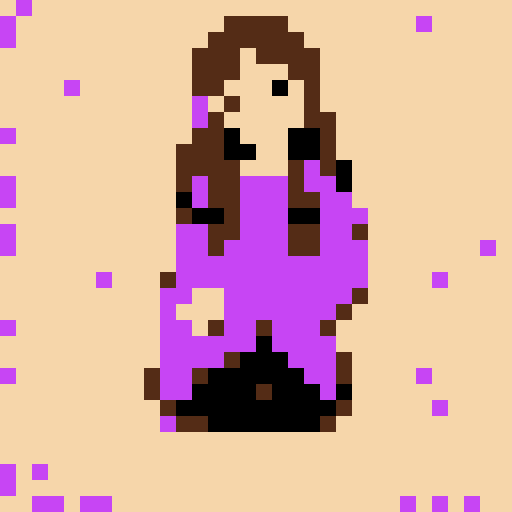 girl with long brown hair and brown eyes, wearing an oversized purple sweater and black shorts, depicted in pixel art with vibrant sRGB colors
