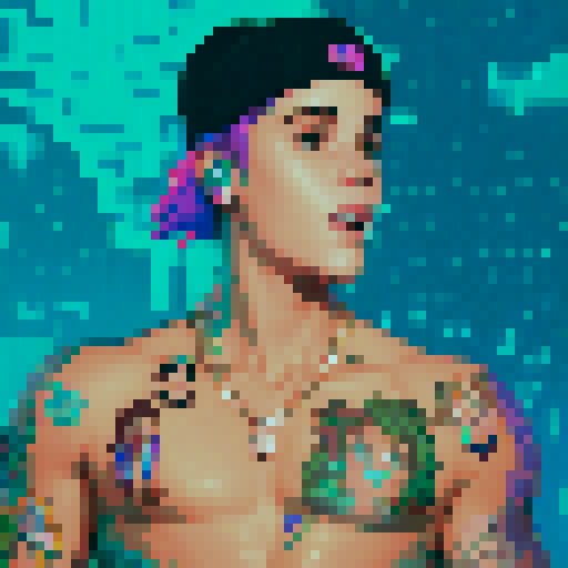 Justin Bieber with vibrant neon hair, wearing a retro 80s jacket covered in colorful pixel art patches, surrounded by a pixelated crowd of fans, against a backdrop of a pulsating sRGB color spectrum