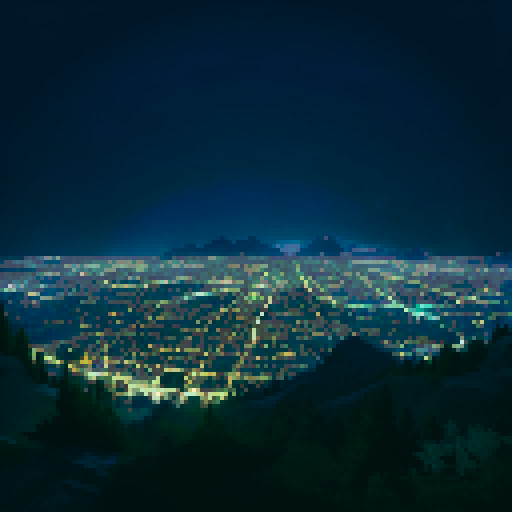 Night view from forest mountain to city, tree, yellow light