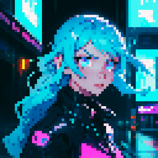 cute character with big, expressive eyes, long blue hair, vibrant neon colors, pixel art aesthetic, futuristic cityscape filled with towering skyscrapers and holographic billboards, glowing neon signs reflecting off rain-soaked streets, characters wearing edgy, futuristic fashion, dramatic lighting casting long shadows, intricate circuitry and glowing cybernetic, landscape portrait