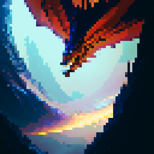 Fiery dragon with shimmering scales, wings spread wide as it soars through a cloudy sky, spewing flames from its monstrous jaws with a backdrop of a mystical kingdom in a fantasy RPG style