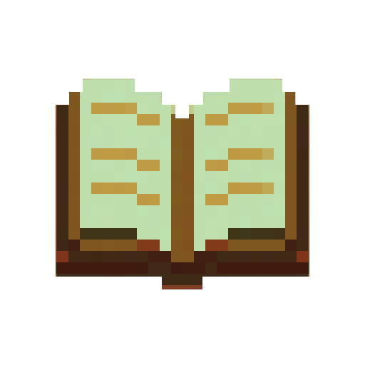 open book icon, 32x32 pixels, minecraft style, brown leather with beige pages, thick black outline, simple pixel art, flat colors