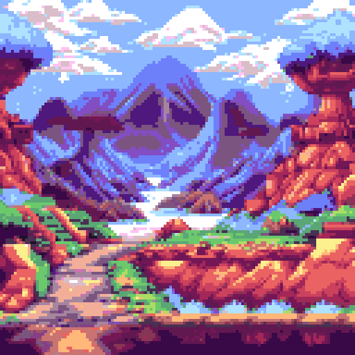 Pokemon, Chrono Trigger, vibrant colors, detailed sprite, towering mountains, flowing rivers, ocean, lighthouse, retro charm, pixelated characters, whimsical creatures, magical abilities, epic adventures, nostalgic journey, sRGB, pixel art, background, landscape