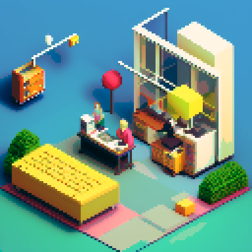 pixel art, bustling cubicles, a quirky receptionist, a steaming cup of coffee, stacks of colorful sticky notes, a vintage typewriter, a desk cluttered with office supplies, a motivational poster on the wall, fluorescent lights casting a vibrant glow, a row of computer monitors, a phone ringing off the hook