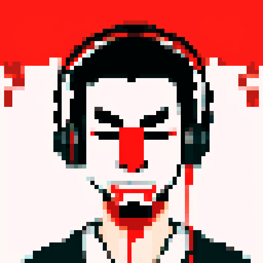 A samurai mask with DJ headphones and blood, minimalist aesthetics