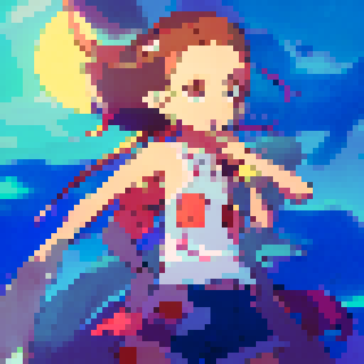 "Ghibli girl floats in serene waters surrounded by vibrant fishes and coral, with a colorful sunset sky above her head, all in classic anime style."