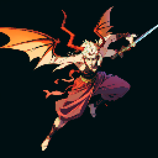 full-body image of a male demon, one winged demon, sexy male, horns, sword, epic background, sRGB, pixel art